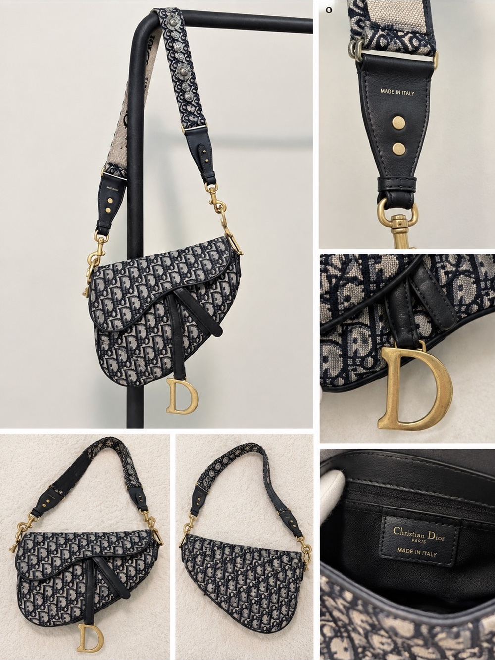 Dior Navy and Beige Oblique Saddle Bag with Gold 'D' Charm